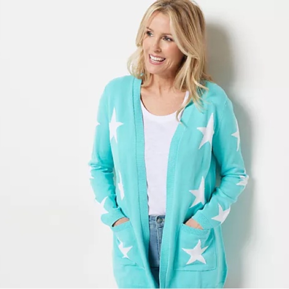 Belle by Kim Gravel Open Front Cardigan Sweater Aqua Blue White Stars Size S